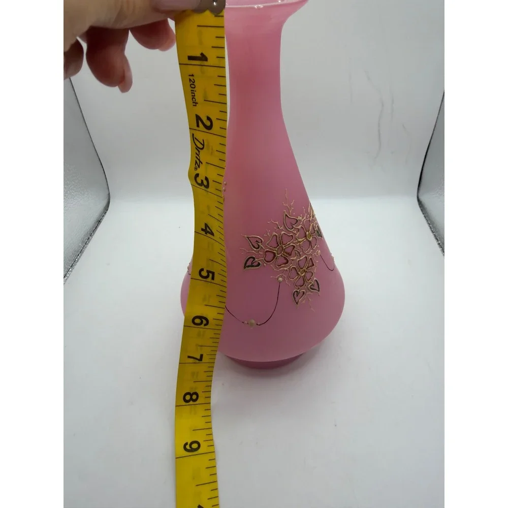 Vintage Pink‎ Satin Frosted Glass Vase Hand Painted Gold Floral Enamel 8.5 Inch